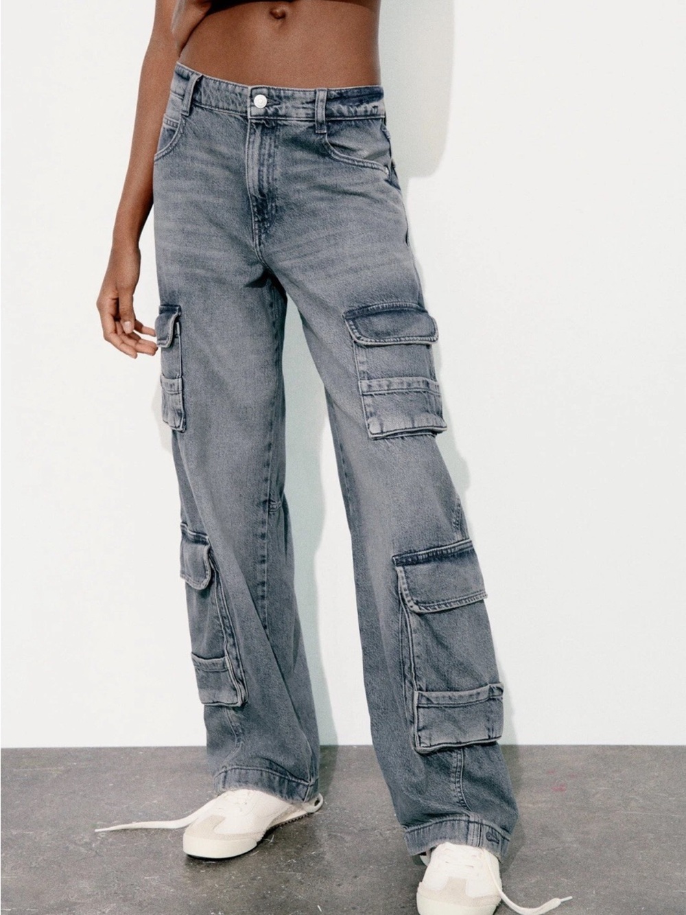 Zara Gray/blue Wide-Leg Cargo Jeans